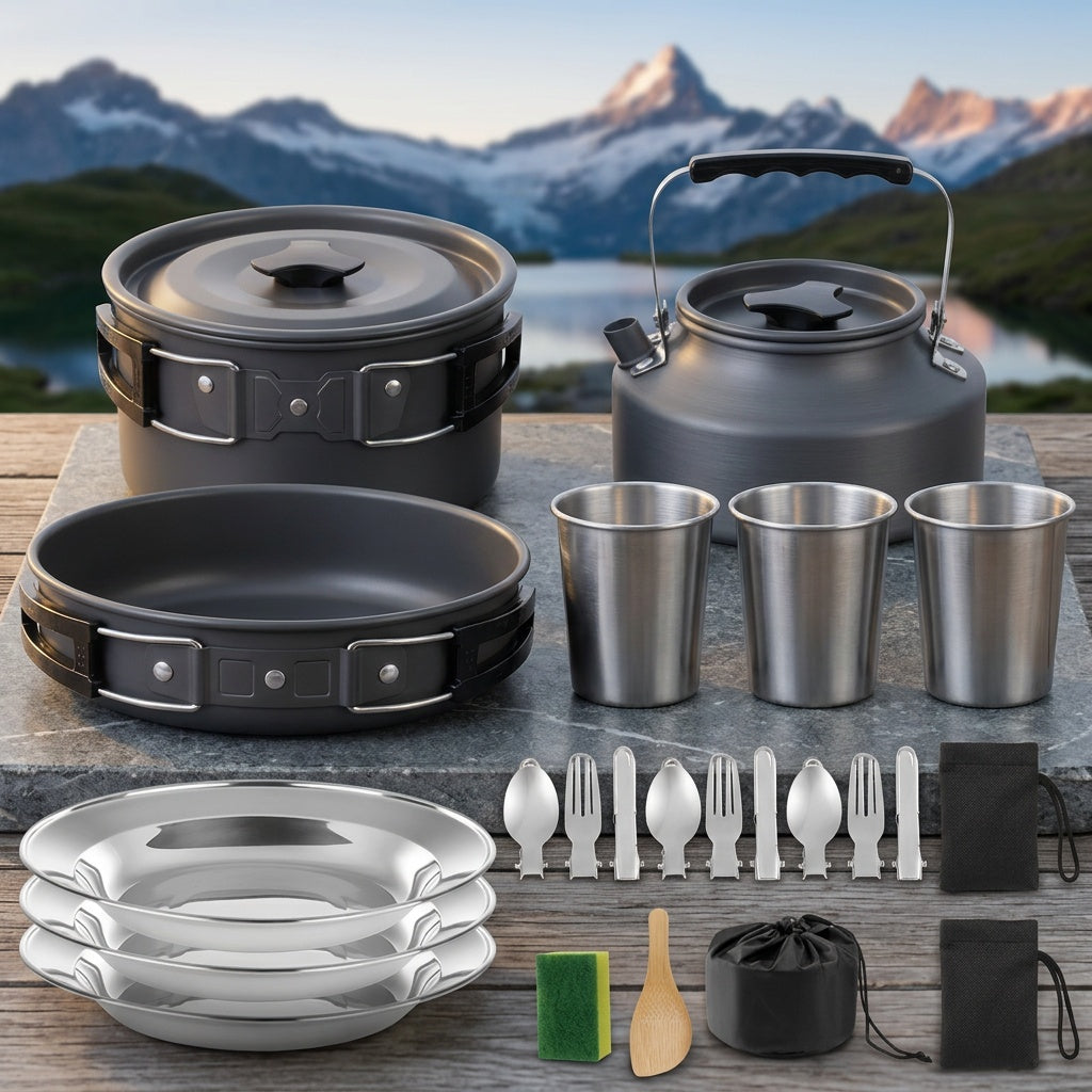 Set de cuisine de camping portable pour 2-3 personnes – Casserole antiadhésive, poêle et bouilloire avec rangement pliable, kit de cuisine d'extérieur léger pour la randonnée, le trekking et les voyages