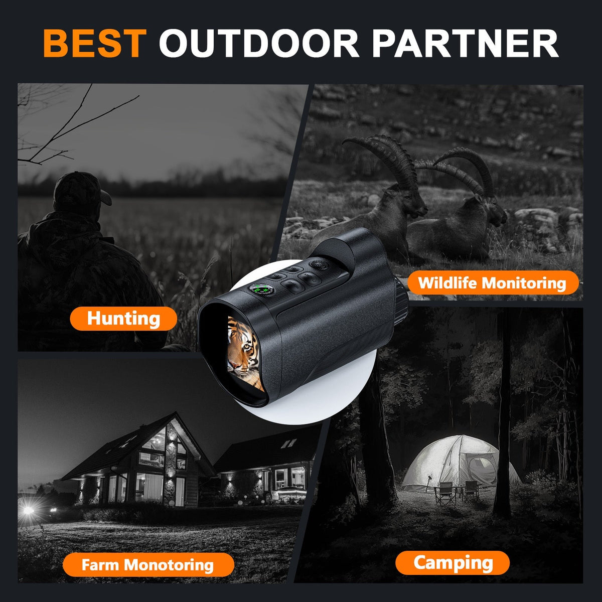 Jumelles de vision nocturne monoculaire 1080P infrarouge 5W, zoom numérique 10X, portée de 800m, batterie rechargeable 2700mAh, écran HD 2 pouces pour la chasse, le camping, l'observation de la faune et la sécurité
