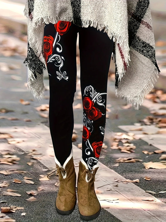 Legging moulant à motif de roses pour femme, noir, romantique, floral, sexy, pantalon extensible galbant, toutes saisons, lavable en machine, S M L XL XXL