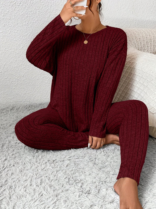 Ensemble deux pièces côtelé pour femme – Tenue décontractée et douce 100 % polyester, haut à manches longues et col rond avec pantalon, style urbain extensible, idéal pour le printemps et l'automne