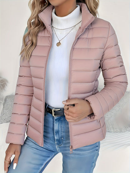 Doudoune matelassée légère pour femme, manteau rembourré à col montant, fermeture zippée, veste courte, coupe ajustée automne-hiver