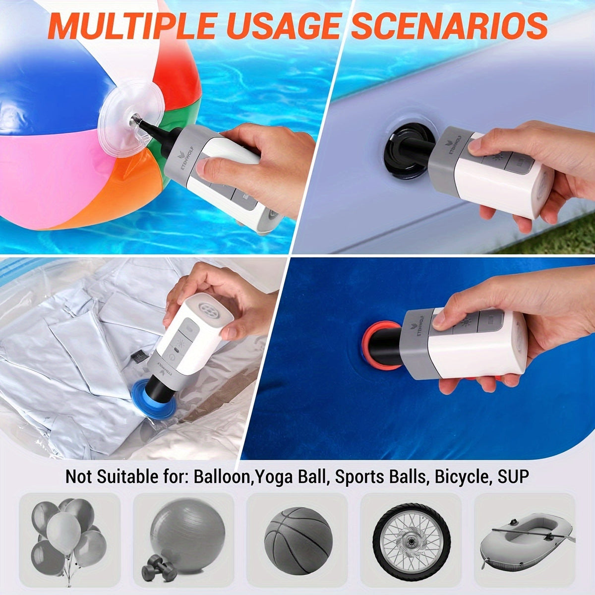 Pompe à air électrique portable 2600 mAh rechargeable par USB – Gonflage ultra-rapide pour matelas pneumatique, bouée, sacs de rangement sous vide et sacs de couchage, pompe de camping compacte et légère pour l'extérieur