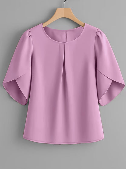 Chemisier femme à manches courtes, col rond, poignets à volants et plis sur la poitrine – Haut élégant en tissu 100 % polyester, semi-transparent, avec manches fendues