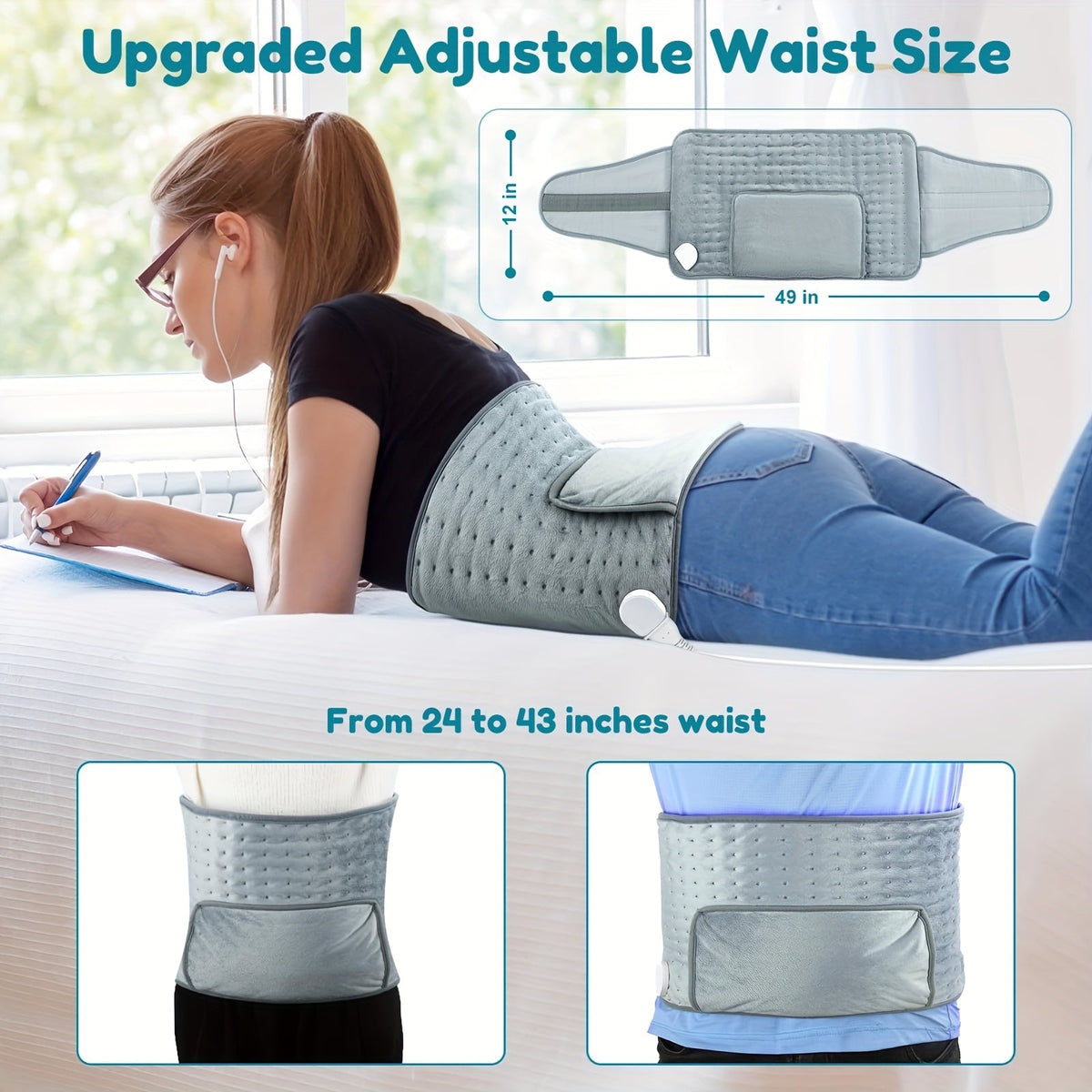 Ceinture chauffante électrique pour soulager les maux de dos, 30 x 60 cm – 6 niveaux de chaleur (40-65°C), arrêt automatique après 6 heures, 4 minuteurs, tour de taille réglable (60-115 cm), coussin chauffant lavable pour hommes et femmes