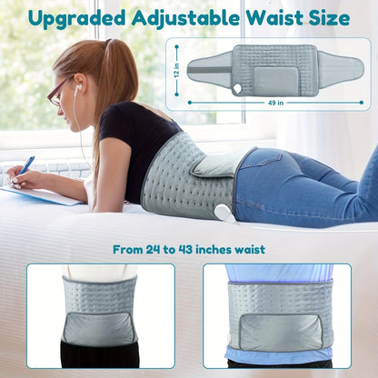 Ceinture chauffante électrique pour soulager les maux de dos, 30 x 60 cm – 6 niveaux de chaleur (40-65°C), arrêt automatique après 6 heures, 4 minuteurs, tour de taille réglable (60-115 cm), coussin chauffant lavable pour hommes et femmes