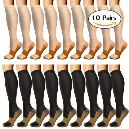 Chaussettes de compression au cuivre, 10 paires pour femmes et hommes – Chaussettes hautes de soutien de la circulation pour la course, le vélo, l'escalade, le sport et le quotidien, S M L XL XXL, Noir/Beige