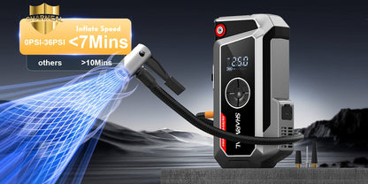 Démarreur de voiture 20000A avec compresseur d'air, batterie externe portable 18-en-1 – Pinces intelligentes, charge rapide, lampe LED, grand écran pour tous moteurs essence et diesel, booster de batterie de voiture d'urgence