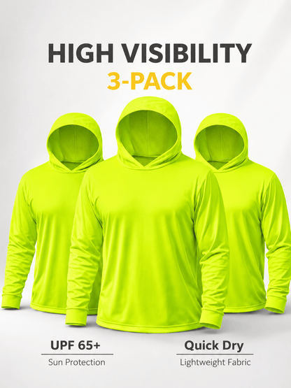 Lot de 3 sweats à capuche de protection solaire UPF 50+ pour homme, manches longues, évacuation de l'humidité, séchage rapide, respirant, t-shirt de performance pour randonnée, pêche, course à pied – Tailles S à XXXL, jaune fluorescent
