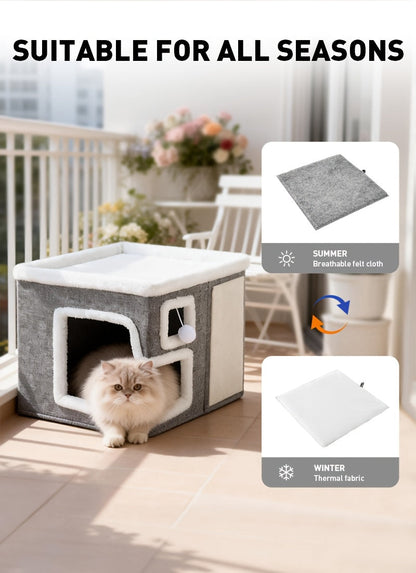 Maison pour chat 3-en-1 d'intérieur – Ottoman luxueux en bois pour dormir, jouer et faire ses griffes, cube refuge pour chats, adapté aux foyers multi-chats, gris clair, taille standard et grande