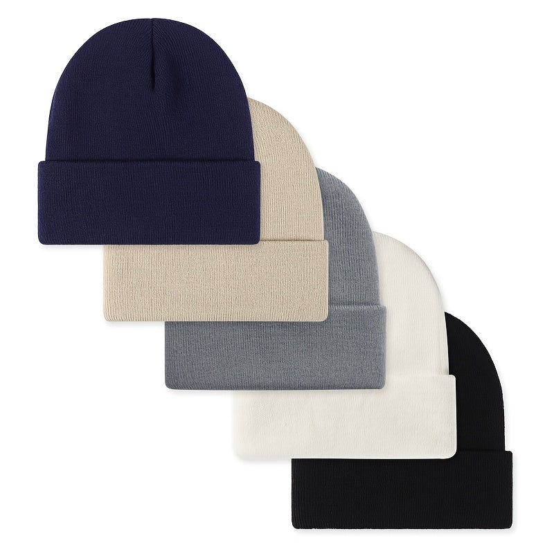 Lot de 5 bonnets unisexe en tricot pour hommes et femmes - Bonnets chauds, coupe-vent et doux en acrylique pour le ski en hiver, les activités en extérieur et le quotidien, bonnets légers et extensibles à revers, excellente idée cadeau