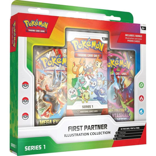 Collection d'illustrations des partenaires de la première série JCC Pokémon : cartes promotionnelles des starters de Kanto, Sinnoh et Alola, 2 boosters, planche d'autocollants, cadeau 30e anniversaire, à partir de 6 ans