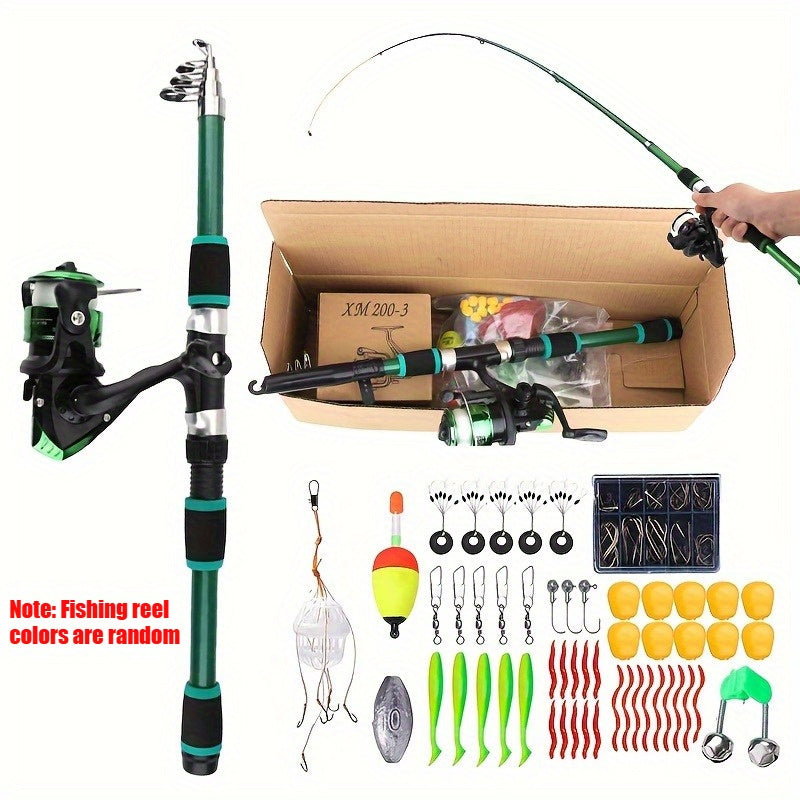Kit de pêche complet avec canne, moulinet, ligne, leurres souples et hameçons, action rapide, ambidextre, pour pêche en eau douce et en mer - Cadeau idéal pour pêcheur débutant en plein air, Bleu Vert