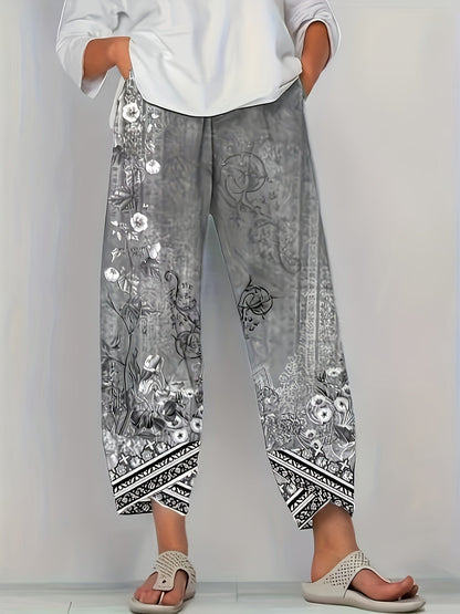 Vintage Floral Capri Pants with Elastic Waist & Pockets | Women's Retro Smocked Cropped Trousers | Casual Comfortable Boho Bottoms for Spring Summer Fall | S-XXL Multiple Colors