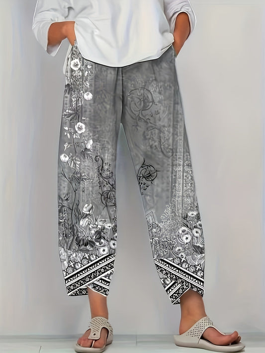 Pantacourt vintage à fleurs avec taille élastique et poches | Pantalon court rétro à smocks pour femme | Bas bohème décontracté et confortable pour le printemps, l'été et l'automne | S-XXL Plusieurs coloris