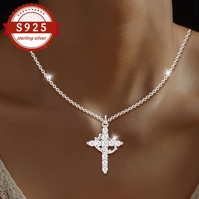 Collier avec pendentif croix et couronne en argent sterling 925 pour femme – Bijou de luxe vintage hypoallergénique pour le quotidien, les vacances et les banquets, cadeau élégant