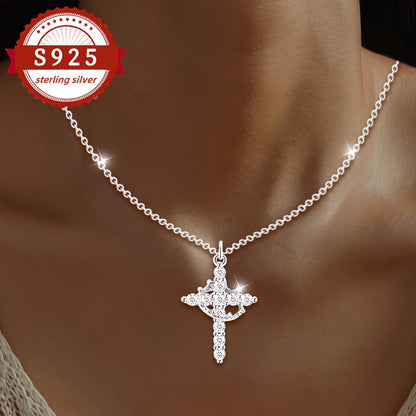 Collier avec pendentif croix et couronne en argent sterling 925 pour femme – Bijou de luxe vintage hypoallergénique pour le quotidien, les vacances et les banquets, cadeau élégant