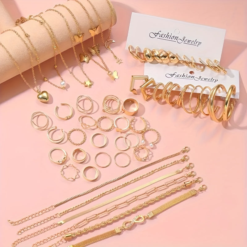 Ensemble de 57 bijoux bohèmes pour femme - Bracelets, bagues, bracelets de cheville, boucles d'oreilles et colliers, accessoires élégants en superposition dorés et argentés pour le quotidien, les vacances, la plage, les festivals et comme cadeau