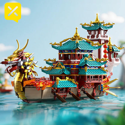 Ensemble de construction du Festival des bateaux-dragons de 2453 pièces - Modèle de briques ABS à grande échelle, niveau d'assemblage intermédiaire | Pièce d'exposition culturelle unique et cadeau pour Noël, Thanksgiving, Halloween et le Nouvel An