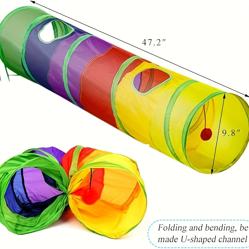 Tunnel pour chat pliable avec balle et ouvertures – Jouet tube arc-en-ciel à 3 voies en forme de S, pliable et connectable pour chats et chatons d'intérieur, configuration de jeu personnalisable