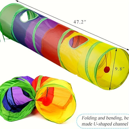 Tunnel pour chat pliable avec balle et ouvertures – Jouet tube arc-en-ciel à 3 voies en forme de S, pliable et connectable pour chats et chatons d'intérieur, configuration de jeu personnalisable