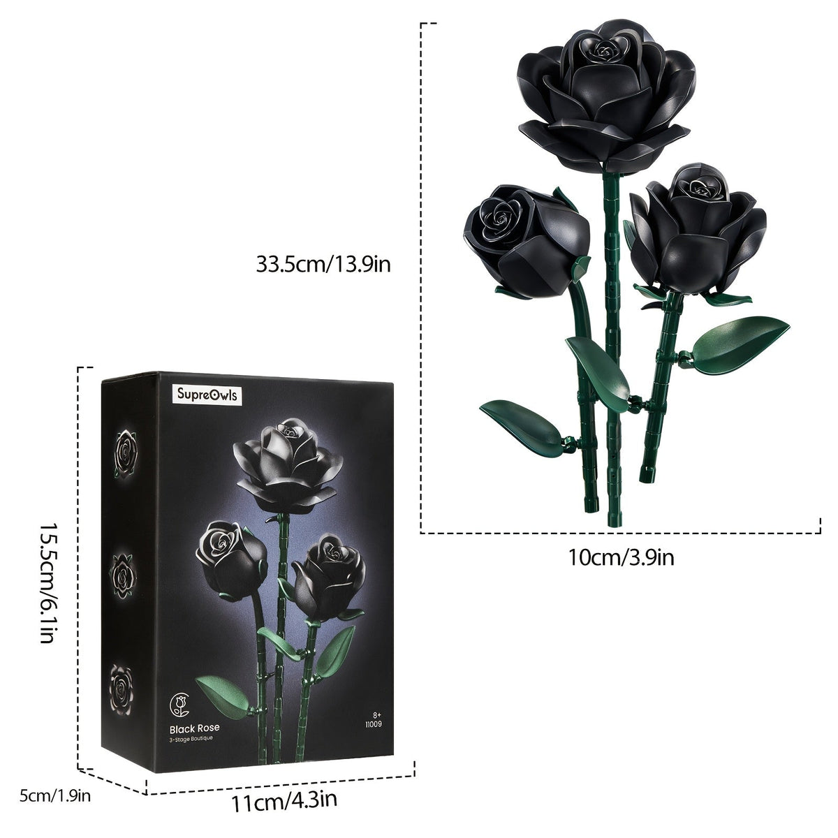 Ensemble de briques de construction 3D Rose noire gothique 152 pièces, kit de modèle d'exposition de bouquet de fleurs artificielles, trois roses noires, cadeau unique pour adultes, adolescents, Saint-Valentin, anniversaire, Halloween, Noël