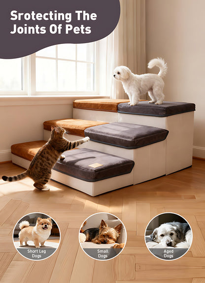 Escalier pliable pour petits chiens à 3 marches – Rampe pour animaux en nylon antidérapant pour lits et canapés surélevés, design pliable compact, marron et blanc, inclut une peluche en forme de patte de poulet en bonus