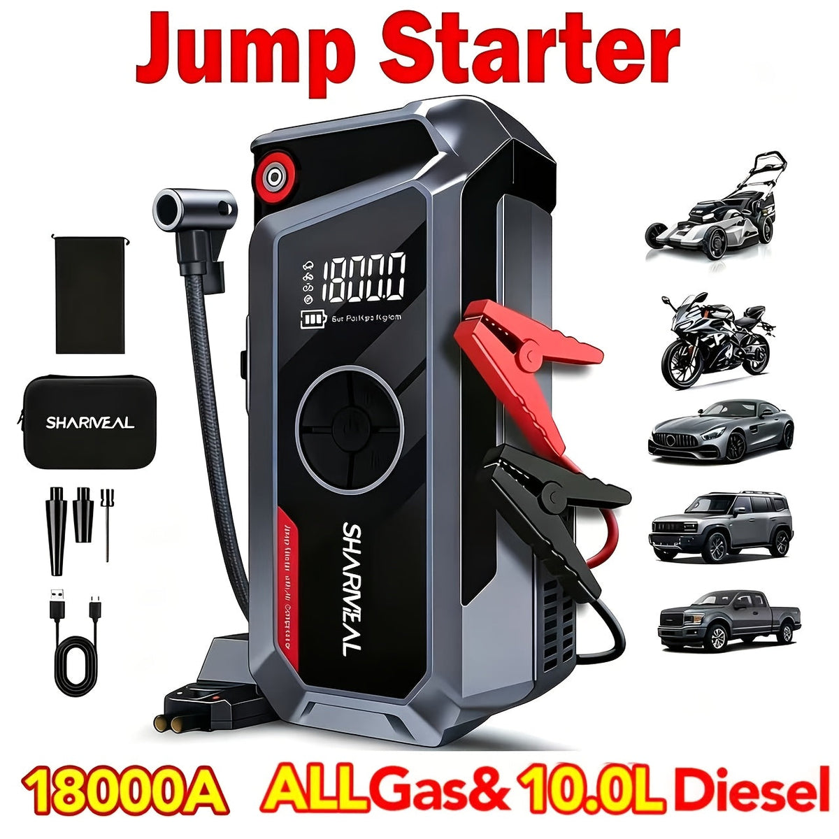 Démarreur de voiture 20000A avec compresseur d'air, batterie externe portable 18-en-1 – Pinces intelligentes, charge rapide, lampe LED, grand écran pour tous moteurs essence et diesel, booster de batterie de voiture d'urgence