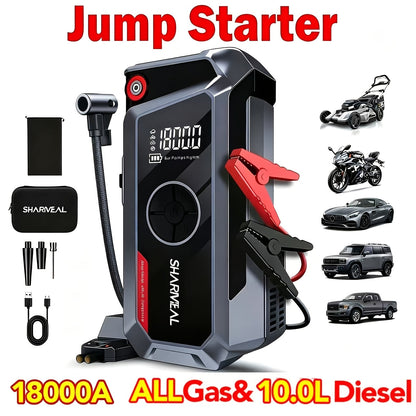 Démarreur de voiture 20000A avec compresseur d'air, batterie externe portable 18-en-1 – Pinces intelligentes, charge rapide, lampe LED, grand écran pour tous moteurs essence et diesel, booster de batterie de voiture d'urgence