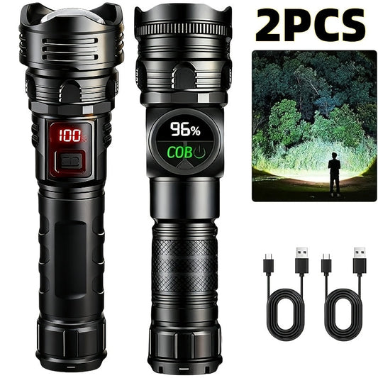 Lot de 2 lampes de poche tactiques haute intensité – Éclairage latéral COB ultra-lumineux, chargement rapide USB, zoomable et multi-modes, pour le camping, la randonnée, la pêche, le vélo et les urgences – Superbe cadeau pour homme