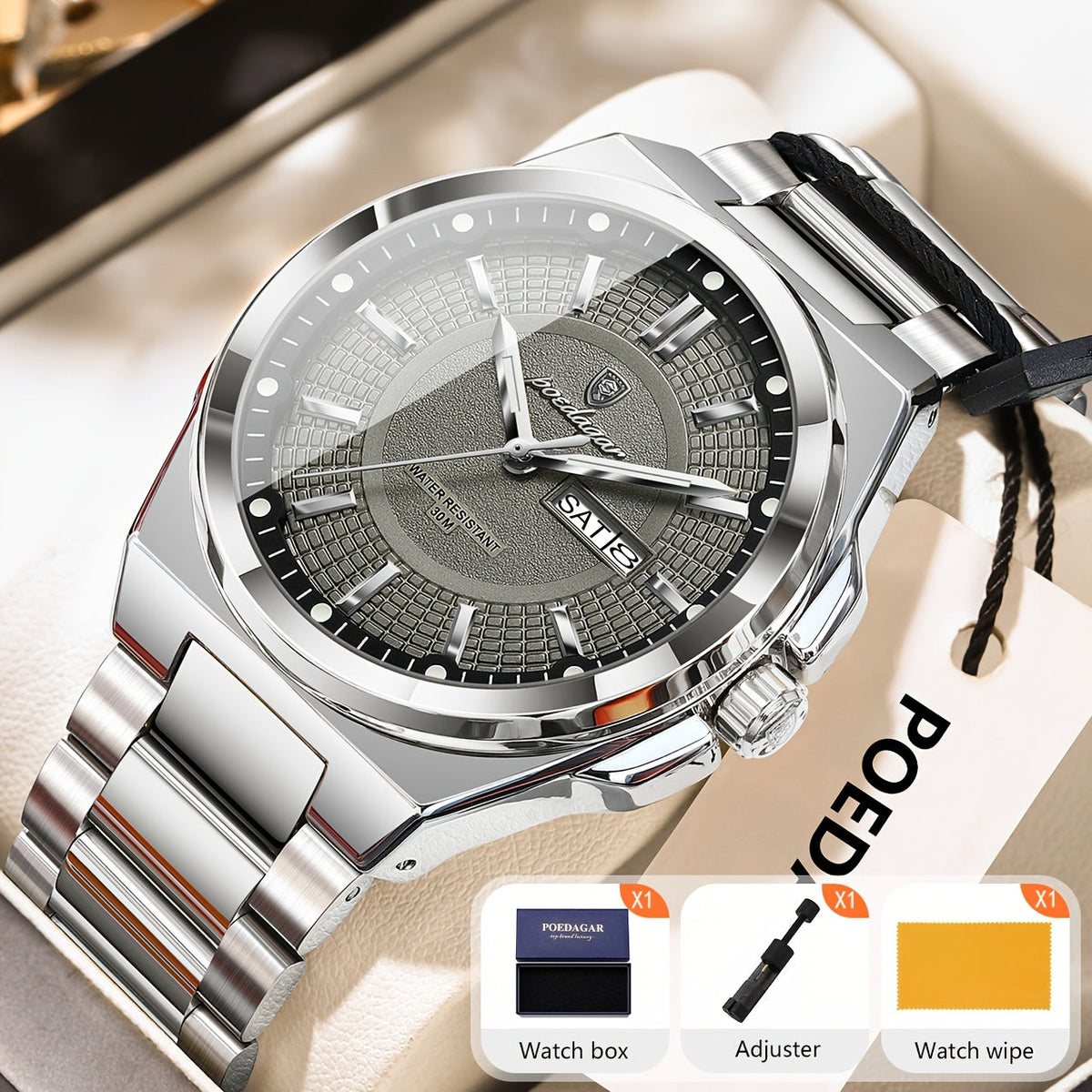 Montre à quartz pour homme POEDAGAR, étanche, lumineuse, en acier inoxydable avec affichage du calendrier hebdomadaire – Design élégant et classique, cadeau parfait pour homme, disponible en plusieurs coloris