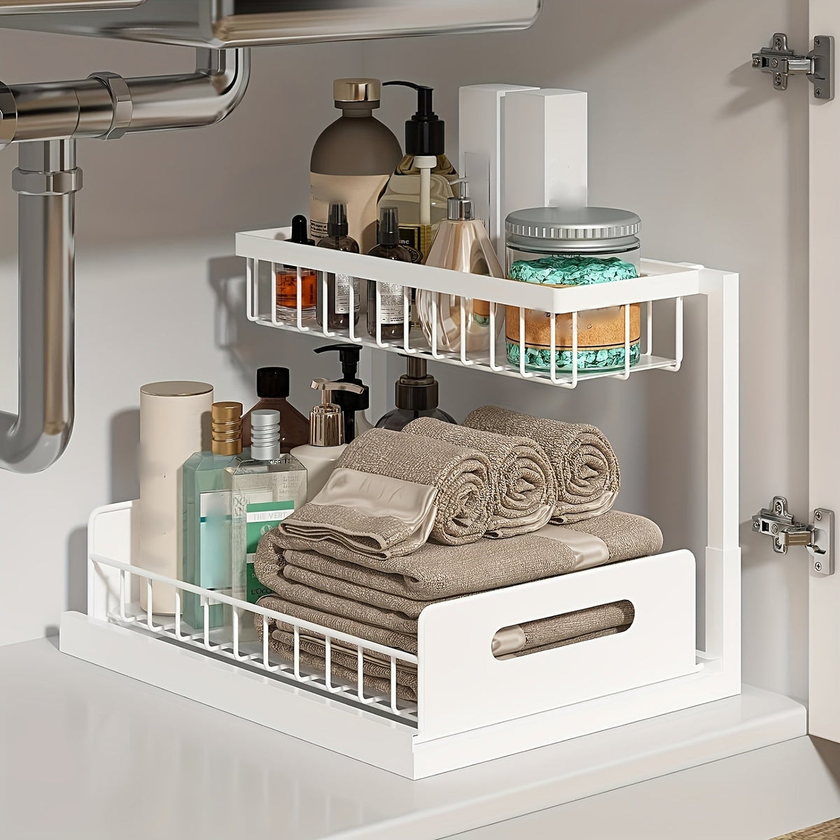 Organisateur sous évier coulissant à 2 niveaux pour cuisine et salle de bain, étagère de rangement extractible – Noir, blanc ou gris clair, lot de 1 ou 2
