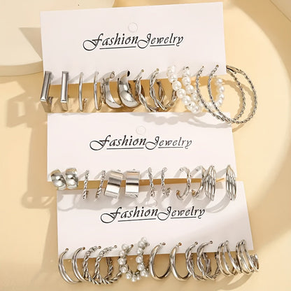 24 Pairs Fashion Alloy Earrings Set for Women – Zinc Alloy with Stainless Steel Studs Hypoallergenic Everyday Party Holiday Jewelry Gift Year-Round Styling