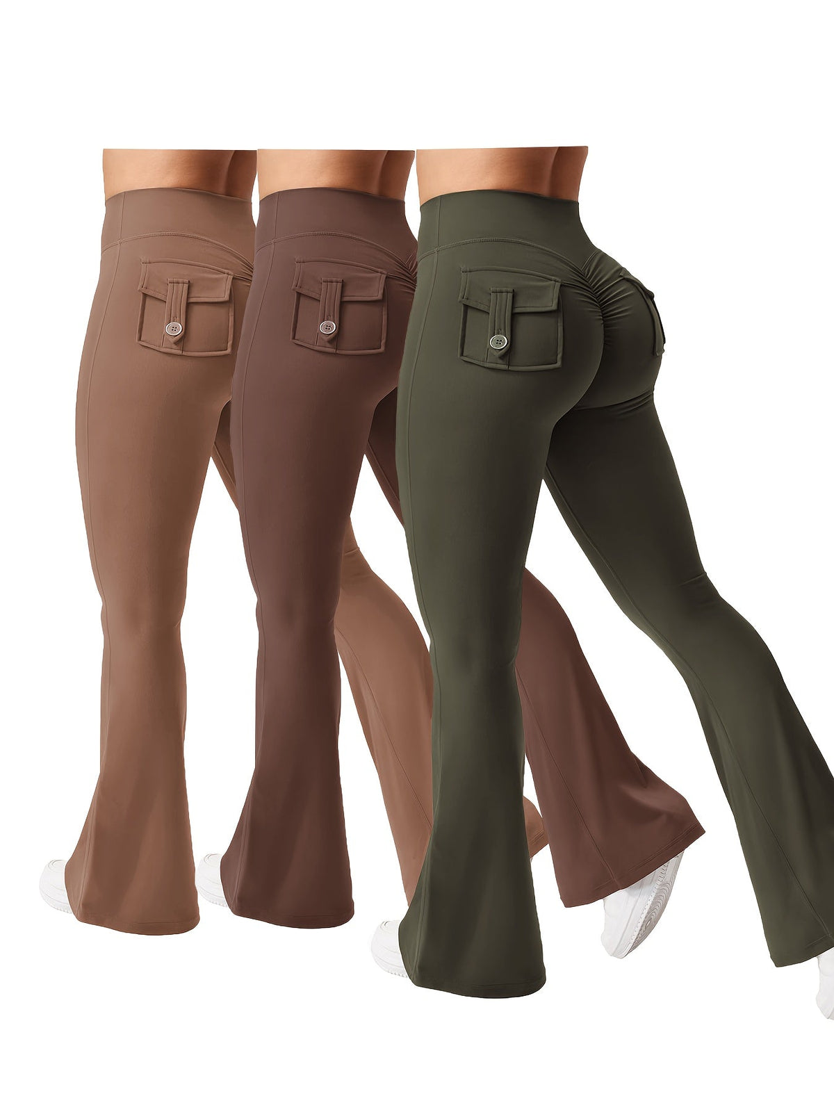 Ensemble 3 pièces pour femme : pantalon de yoga évasé à taille haute avec ceinture et poches, legging galbant effet push-up, squat-proof, 90 % polyester extensible, coupe évasée pour le sport, la gym, la course et le quotidien