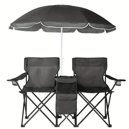 Chaise pliante d'extérieur pour 2 personnes avec parasol amovible – Canapé de camping portable avec accoudoirs pour la pêche, la plage, le bronzage et le pique-nique