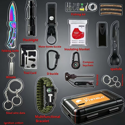 Kit de survie pour homme, ensemble d'équipement d'urgence de 12 à 115 pièces avec pierre à feu et multi-outil pour camping, randonnée, chasse, pêche, aventure en plein air, cadeau pour papa ou mari