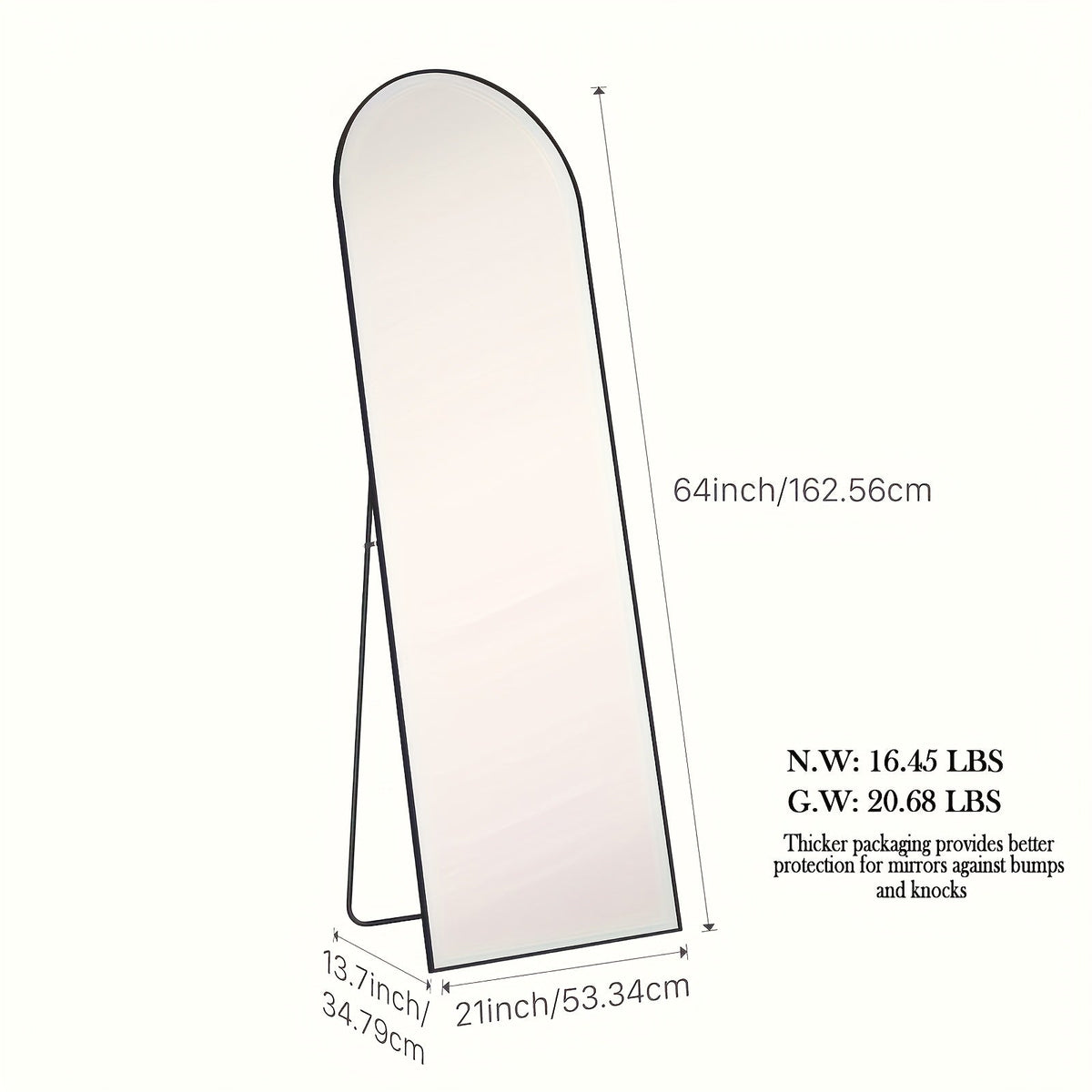 Miroir pleine longueur arqué avec support 64x21 / 59x16 pouces, miroir de sol en verre nano incassable avec cadre en alliage d'aluminium, miroir pleine longueur sur pied pour chambre, salon, vestiaire, décoration murale