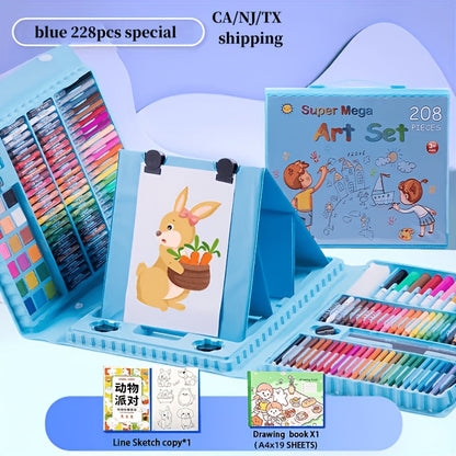 Set de 228 pièces pour activités artistiques pour enfants, kit de dessin et peinture de luxe avec pastels à l'huile, crayons de cire, feutres colorés et acryliques, pinceaux aquarelle et bloc à dessin, cadeau pour enfants