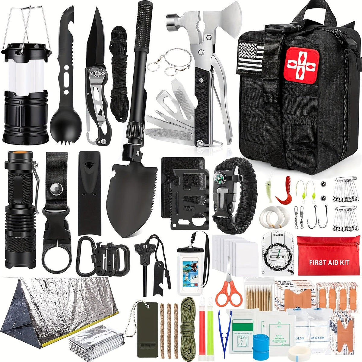 Kit de survie professionnel de 14, 152 ou 258 pièces – Équipement de survie d'urgence en plein air avec allume-feu, boussole et outil multifonction pour le camping, la randonnée et l'aventure, le meilleur cadeau pour hommes et femmes