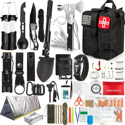 Kit de survie professionnel de 14, 152 ou 258 pièces – Équipement de survie d'urgence en plein air avec allume-feu, boussole et outil multifonction pour le camping, la randonnée et l'aventure, le meilleur cadeau pour hommes et femmes