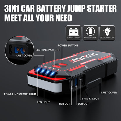 Démarreur de voiture portable 2500A crête | Booster de batterie 12V 8000mAh-10000mAh, jusqu'à 30 démarrages, ports de charge USB et lampe de poche LED – Convient aux moteurs essence 7.0L et diesel 8.0L, camions, SUV, motos
