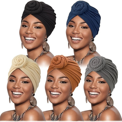 Lot de 5 turbans africains pour femmes – Bonnets bohèmes pré-noués avec nœuds multicolores pour le quotidien, les fêtes, les mariages et les occasions spéciales