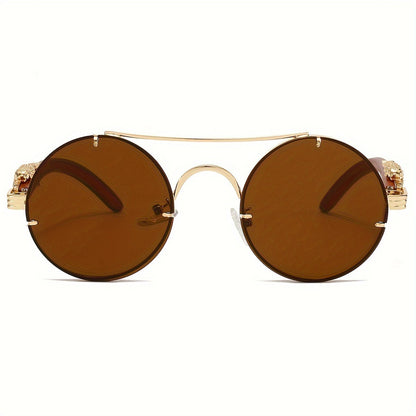 Lunettes de soleil rondes à monture en métal avec verres dégradés pour hommes et femmes – Luxe, double pont, détails léopard sur les charnières, verres en polycarbonate dégradés, étui inclus, style chic pour les vacances et la ville