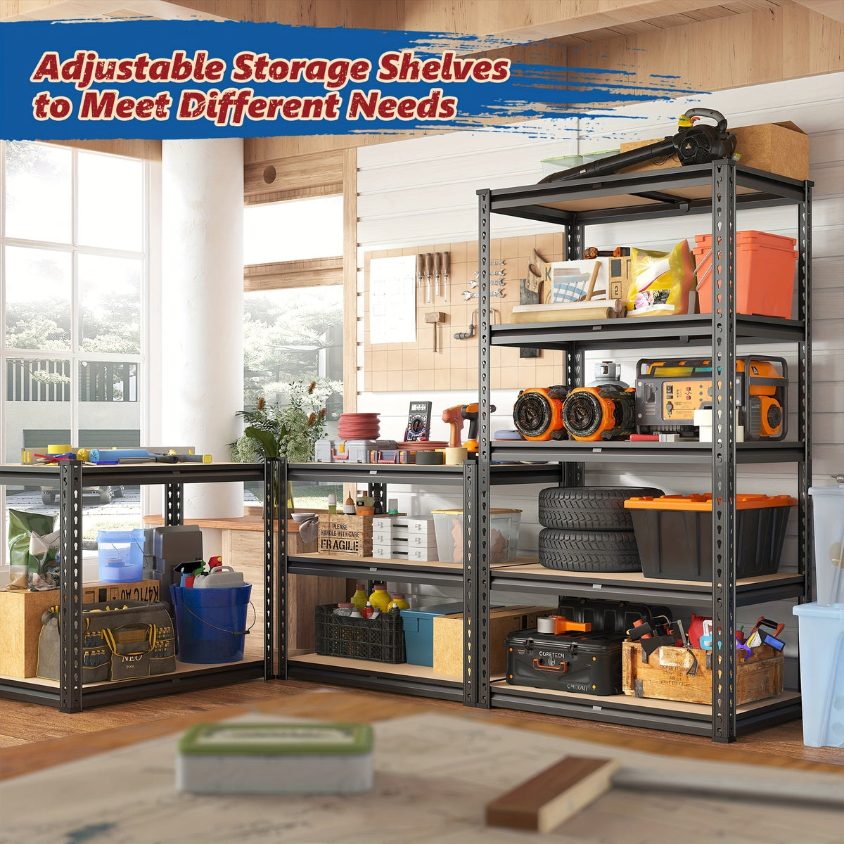 Étagère de rangement robuste en métal à 5 niveaux pour garage, 907 kg (2000 lb) – Étagère de rangement en acier réglable de 152 à 183 cm pour garage, sous-sol, garde-manger, cuisine et entrepôt, assemblage sans outils, noir