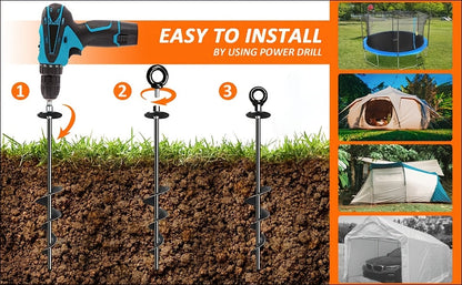 Ancres de sol en spirale robustes de 18 pouces en acier au carbone – Lot de 4 ou 6 piquets de terre à visser pour tente, trampoline, attache pour chien, jardin et ancrage sécurisé pour le camping en plein air