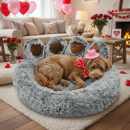 Lit pour chien et chat en forme de patte d'ours – Coussin rond apaisant, chaud et doux en peluche pour animal de compagnie avec foulard bonus, S M L XL 2XL Café Rose Gris Marron pour chiens et chats de petite, moyenne et grande taille