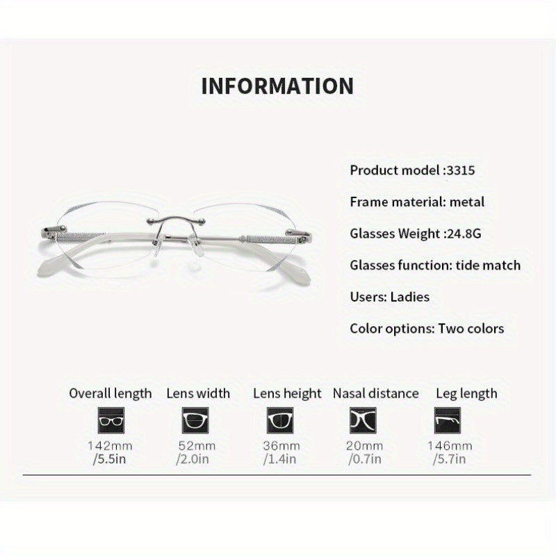 Lot de 2 lunettes de lecture sans monture à effet diamant pour femmes – Verres PC anti-lumière bleue, monture en métal légère, plaquettes de nez flexibles, puissances de +1.0 à +4.0 pour l'ordinateur et la lecture