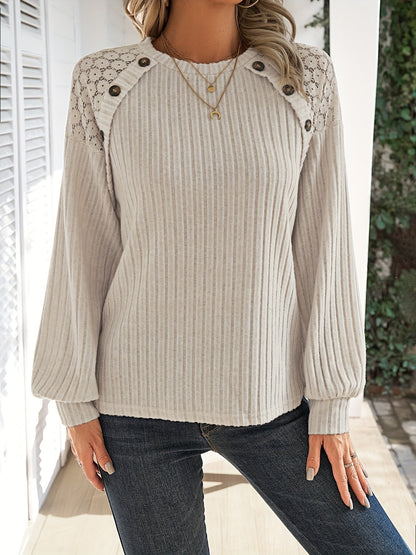 Haut décontracté à manches raglan en dentelle contrastée pour femme, chemisier en polyester stretch doux avec boutons, S M L XL XXL | Mode printemps-automne abricot