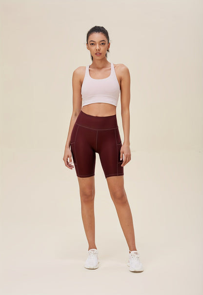 Shorts de yoga taille haute pour femmes, lot de 4, effet push-up, 5 poches – Shorts de sport respirants, extensibles et sans couture pour l'été, le yoga, le Pilates et l'entraînement en salle (Rouge, Noir, Gris, Bleu marine)