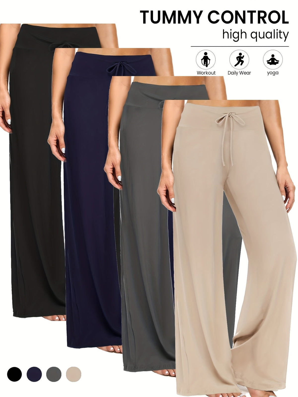 Pantalon palazzo large pour femme, lot de 4 – Pantalon fluide, extensible et décontracté à taille haute pour la plage ou la détente, pantalon habillé ample pour le quotidien, les vacances, l'été et grandes tailles – S à XXL, noir et couleurs assorties