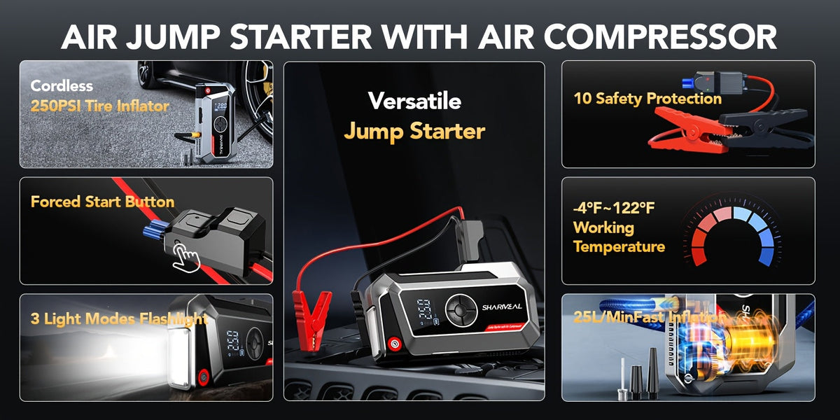 Démarreur de voiture 20000A avec compresseur d'air, batterie externe portable 18-en-1 – Pinces intelligentes, charge rapide, lampe LED, grand écran pour tous moteurs essence et diesel, booster de batterie de voiture d'urgence